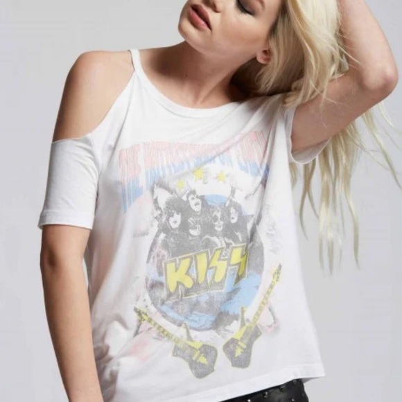NEW Recycled Karma KISS The Hottest Show on Earth Cold Shoulder Tee - Picture 3 of 9
